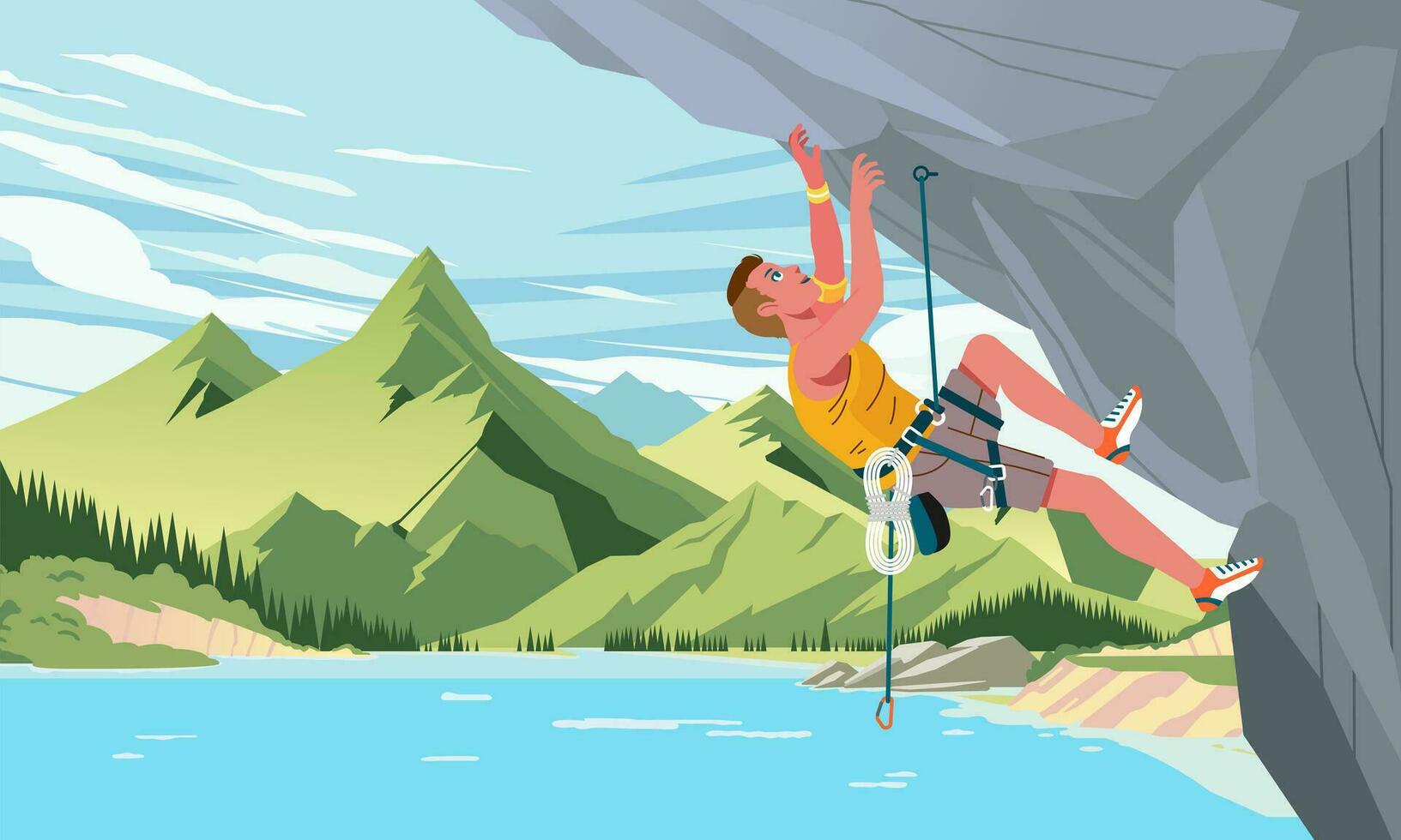 a man climbing a rocky mountain cliff with beautifull lake and mountain landscape in the background vector