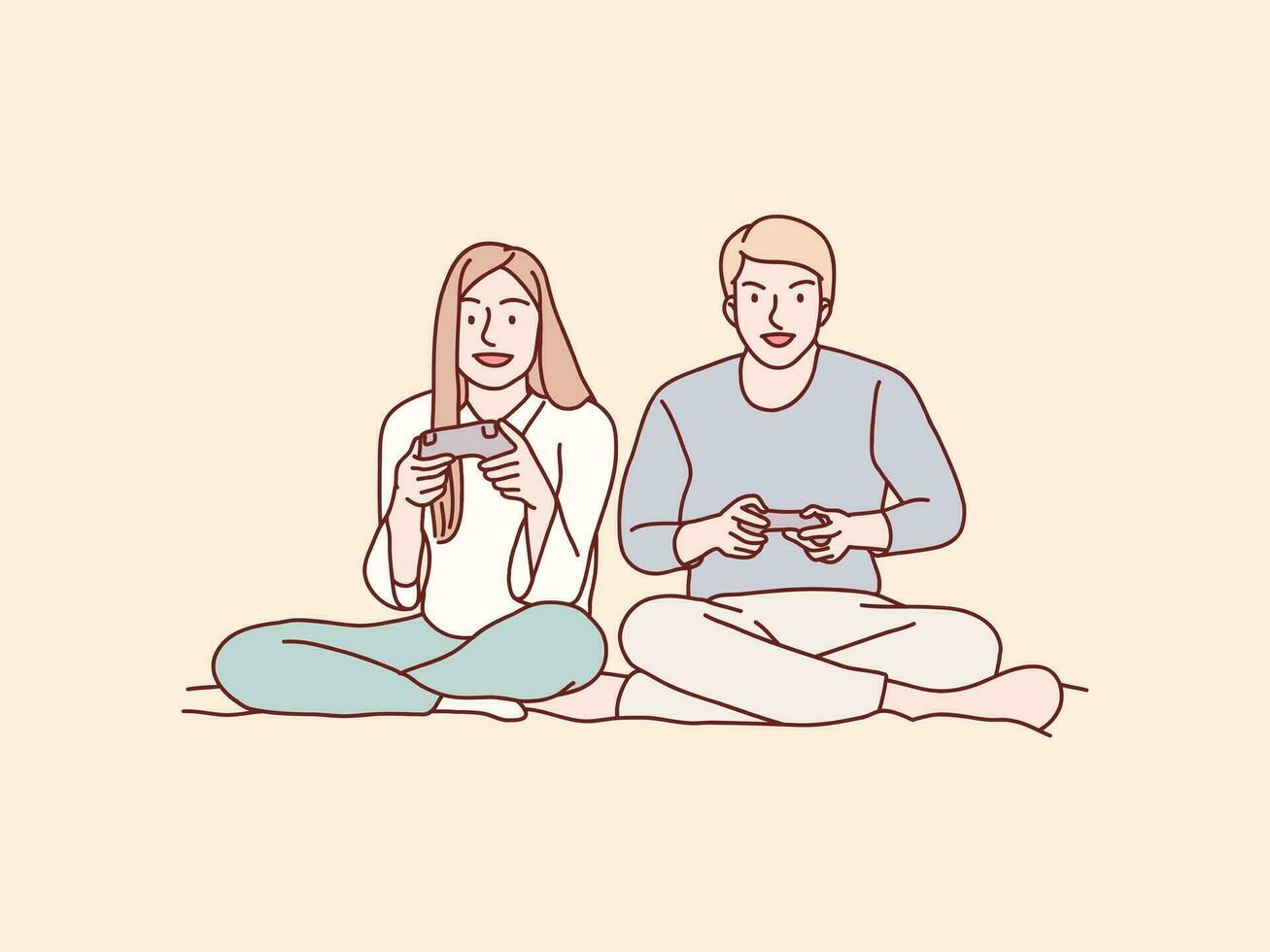 alegre joven hombre y mujer Pareja sentar en piso jugando juegos en vivo habitación sencillo coreano estilo ilustración vector