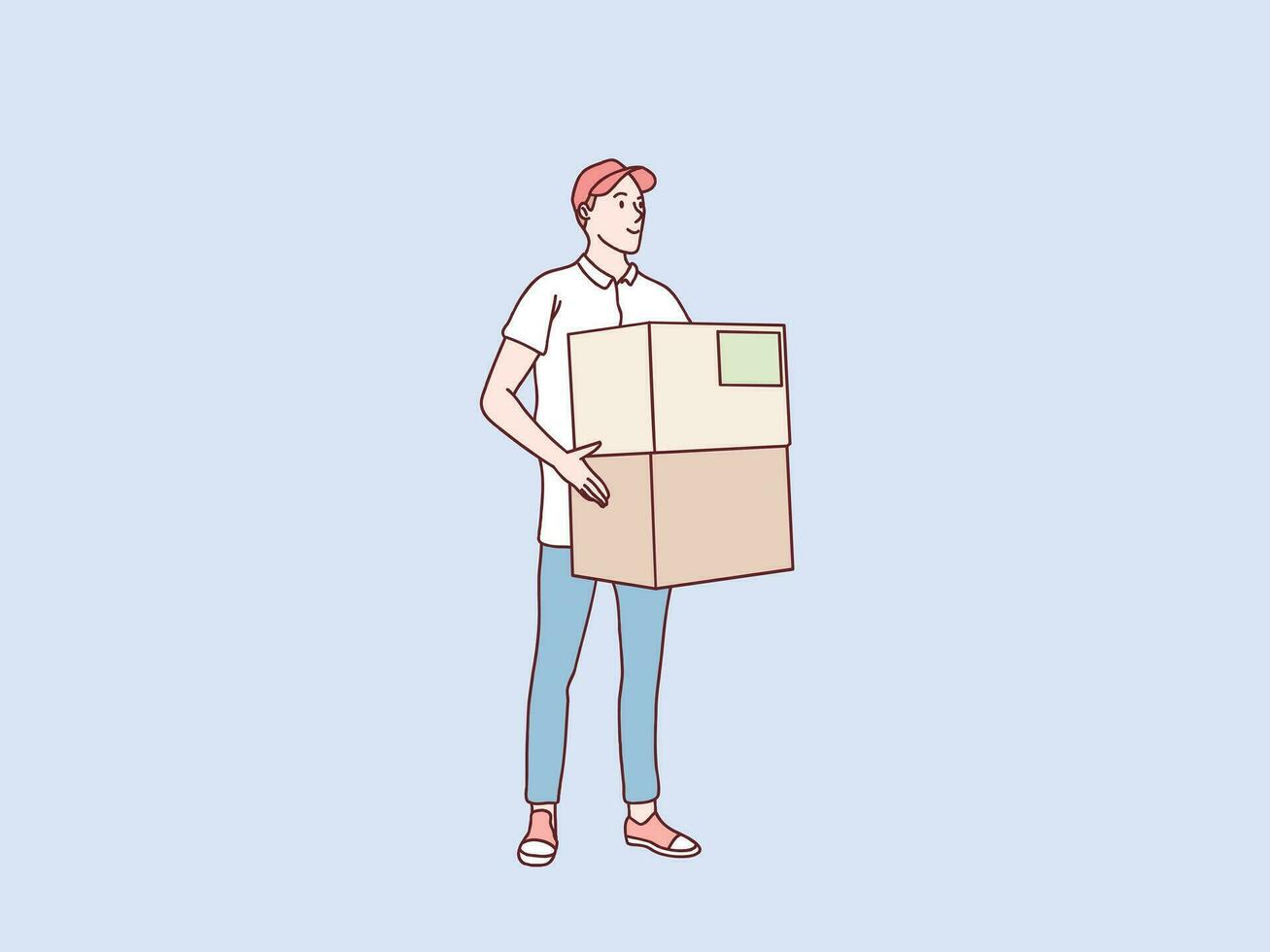 smiling delivery courier holding package parcel stack box shipping service simple korean style illustration vector