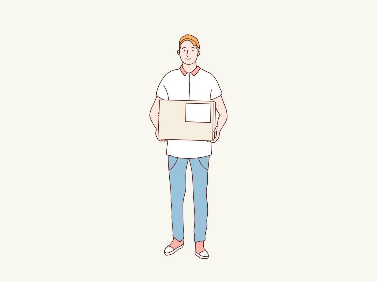 smiling delivery courier hold package parcel box shipping service simple korean style illustration vector