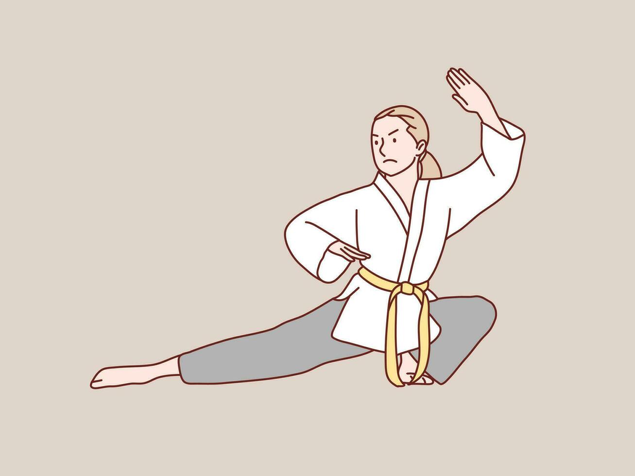 mujer práctica kárate rojo cinturón hacer bajo patada formación sencillo coreano estilo ilustración vector