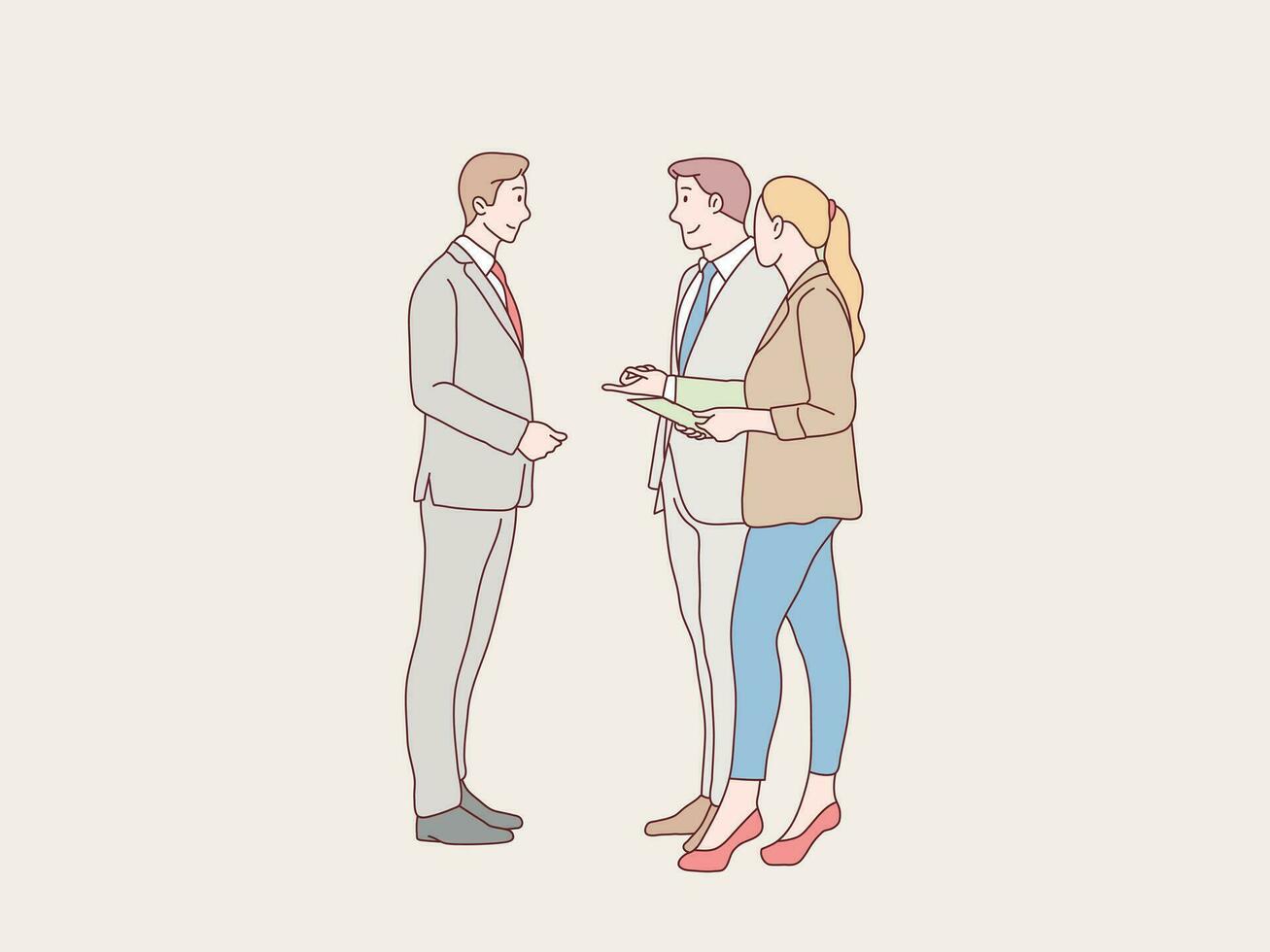 Business partners man woman discussing having conversation work simple korean style illustration vector
