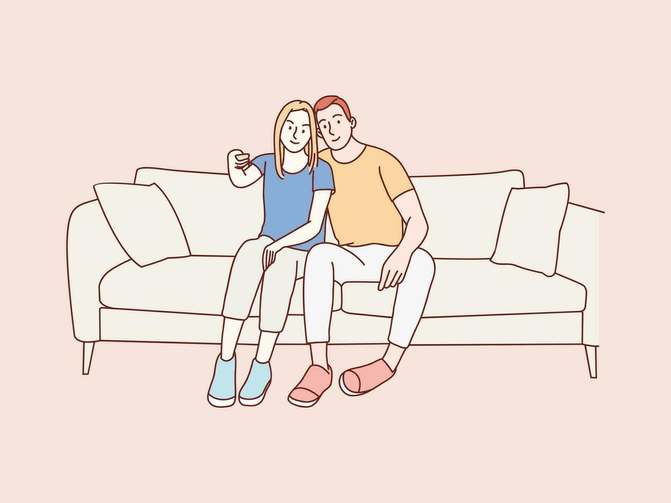 Couple man woman holding remote tv and watching television on a sofa simple korean style illustration vector