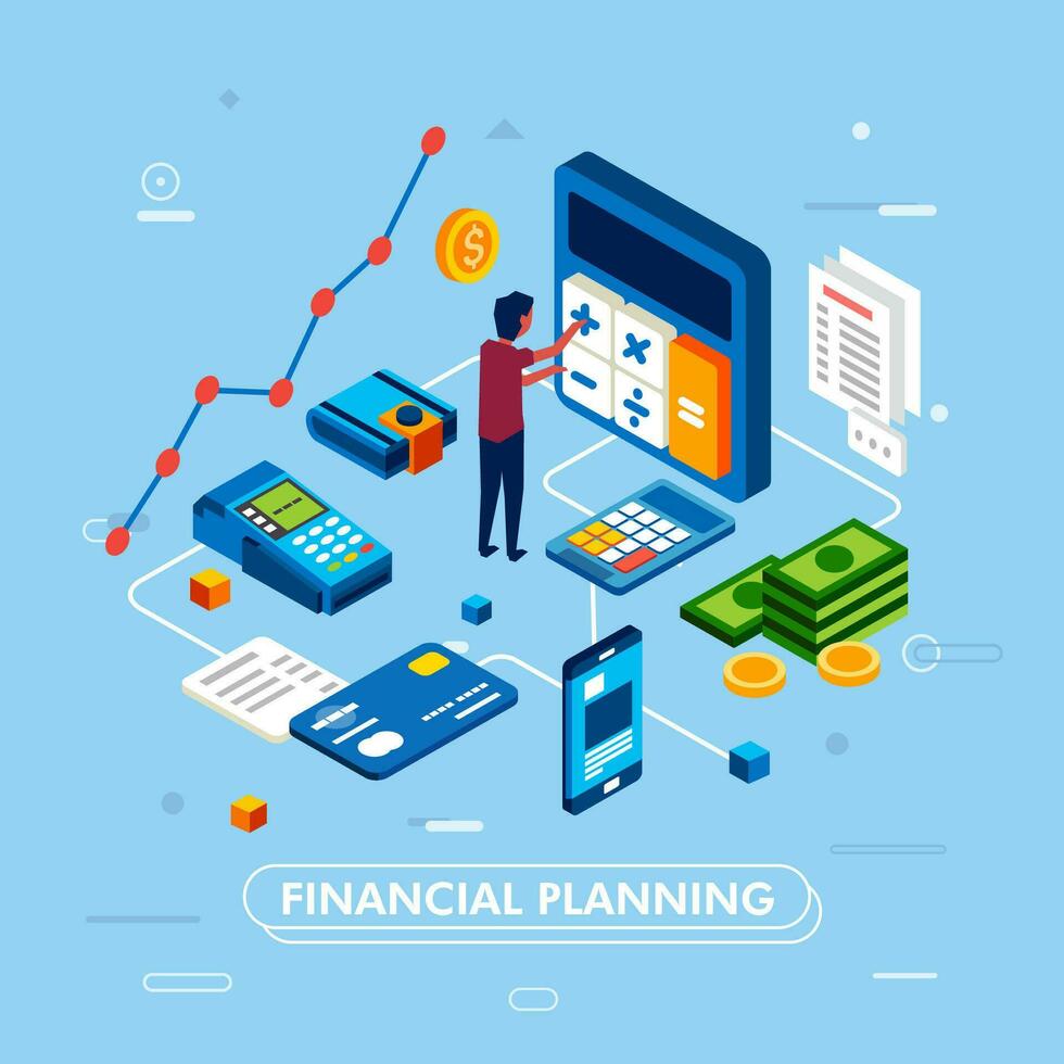 modern isometric design of money saving and financial planning using smartphone with wallet, graphic, money, card calcuator icon illustration vector