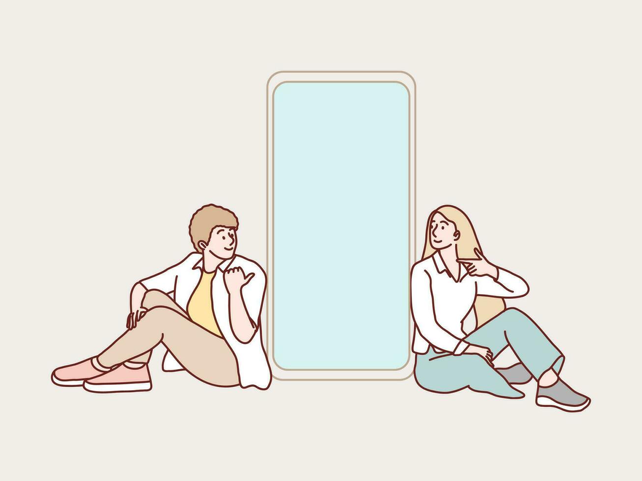 Couple communicate sit near big blank screen cell phone on center simple korean style illustration vector