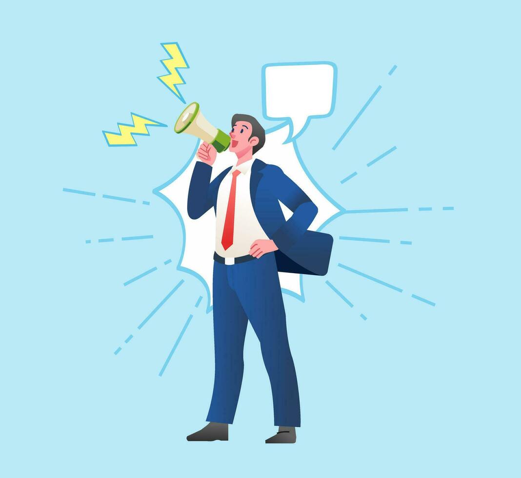 Business man shouting through loud speaker energetic Hailer shouted with megaphone Leadership speech Flat vector illustration