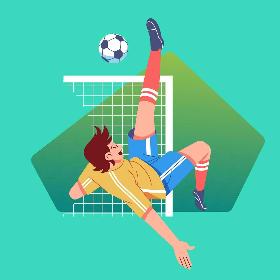 fútbol jugador patadas el pelota dentro el meta, plano moderno personaje vector ilustración