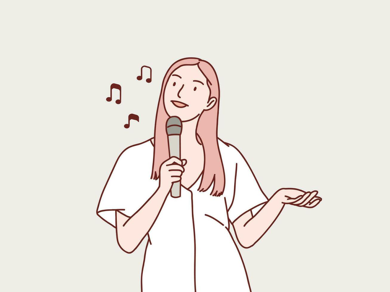 happy exited stylish girls having fun sing a song to microphone simple korean style illustration vector