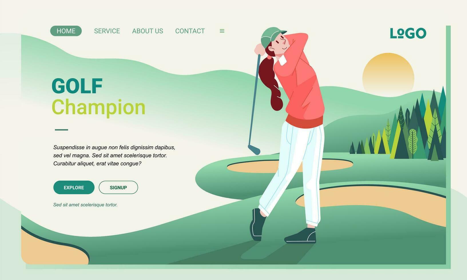 moderno ilustración mujer golf jugador personaje deporte aterrizaje página diseño para web página y aplicación concepto vector