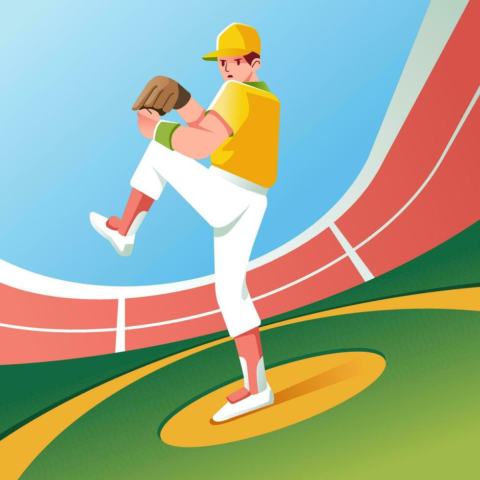 young pitcher is ready to throw the ball on the baseball game in the stadium vector illustraion