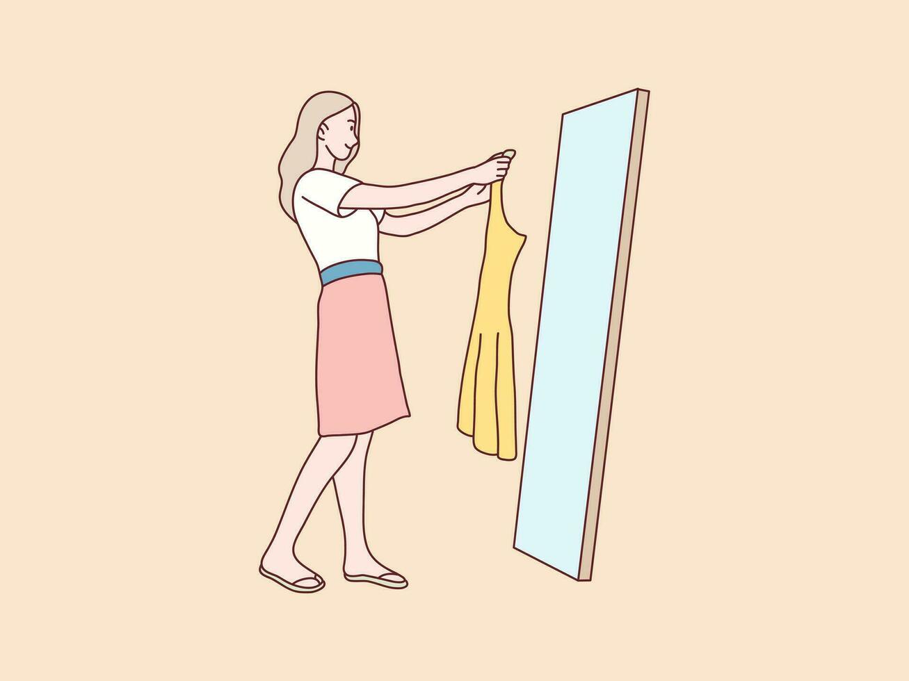 Happy woman shopping and choosing clothes looking to mirror simple korean style illustration vector