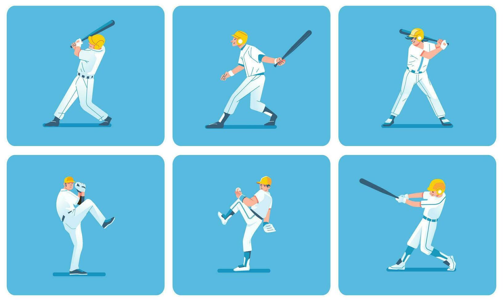 Baseball players in action various poses set flat design style vector illustration