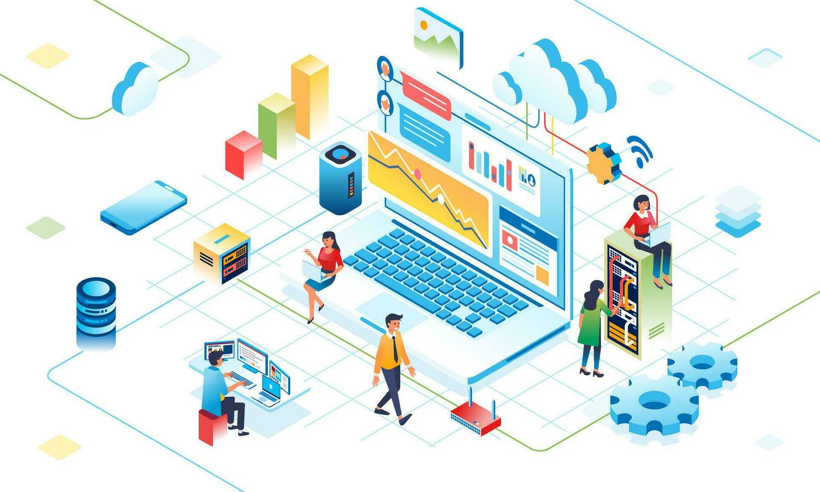 isometric illustration of cloud digital activity on internet, metaphor of people working in cloud system with computer, server and internet connection vector