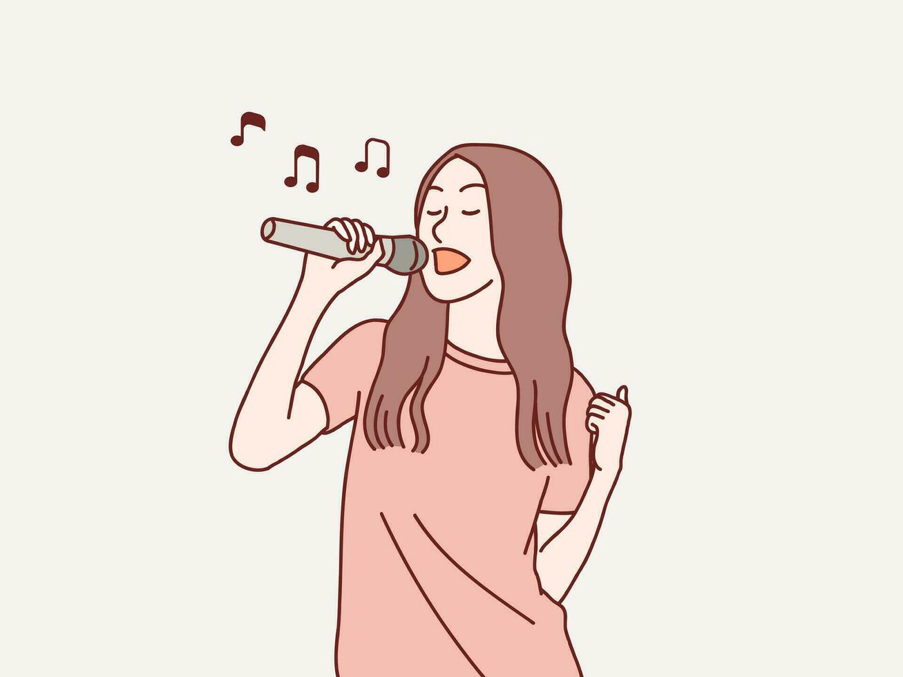 happy exited stylish young woman having fun sing a song to microphone simple korean style illustration vector