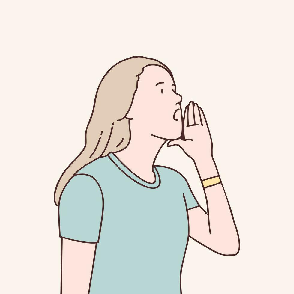 joven mujer gritos y gritando ruidoso a lado con mano en boca sencillo coreano estilo ilustración vector