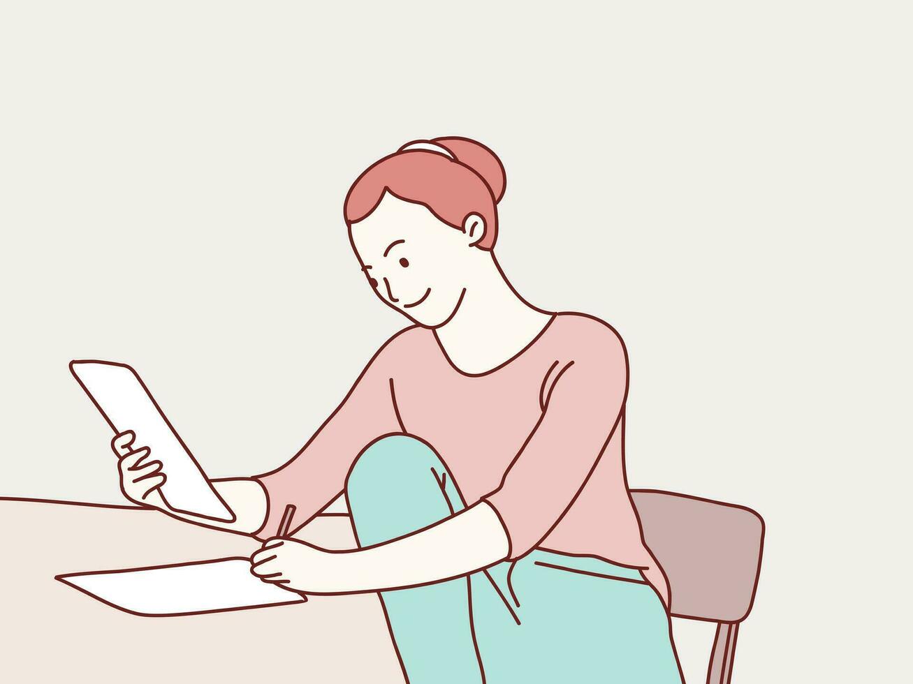 Woman work writing script in paper while sitting at home simple korean style illustration vector