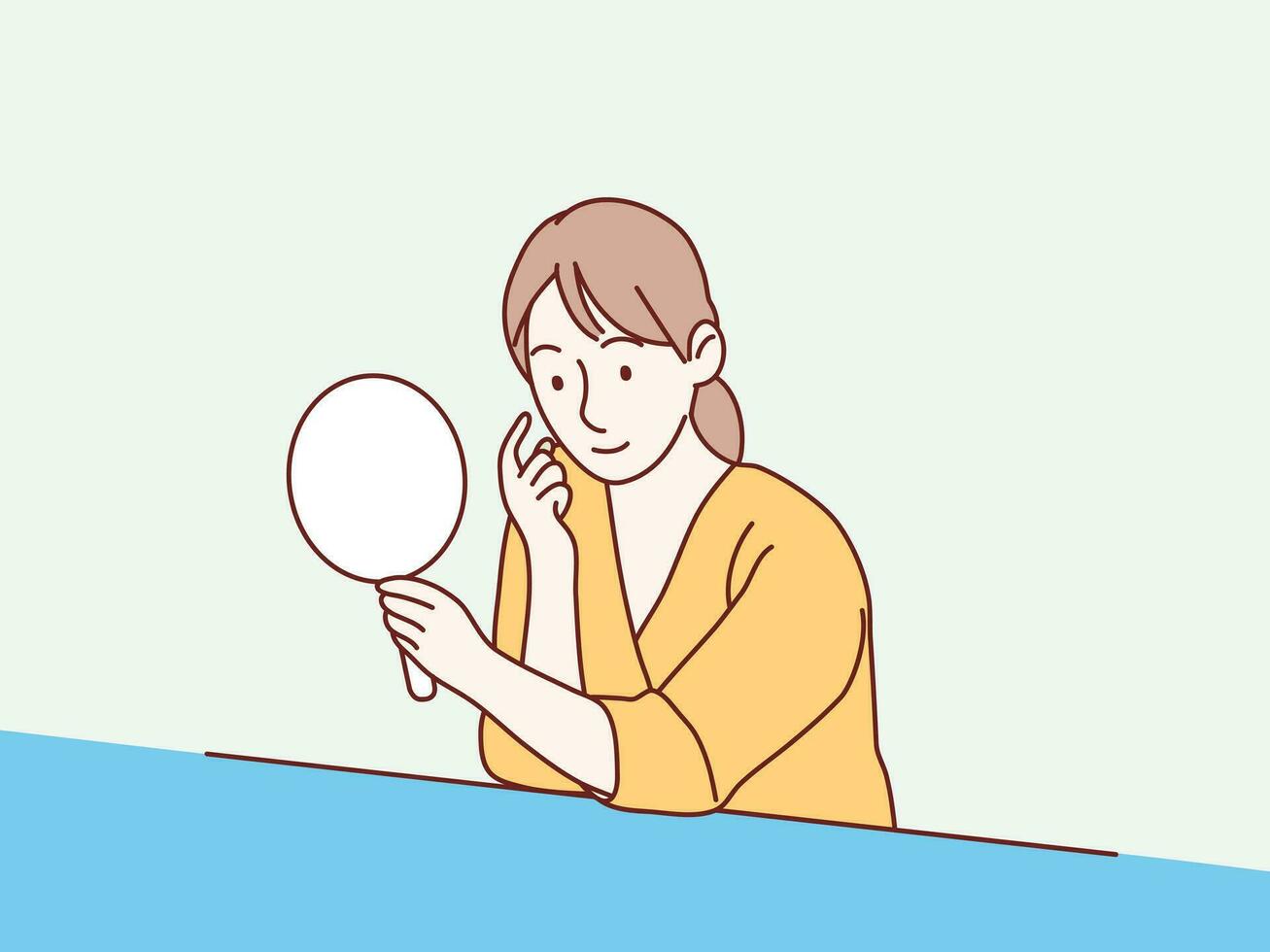 Woman holding mirror on her hand touch face simple korean style illustration vector