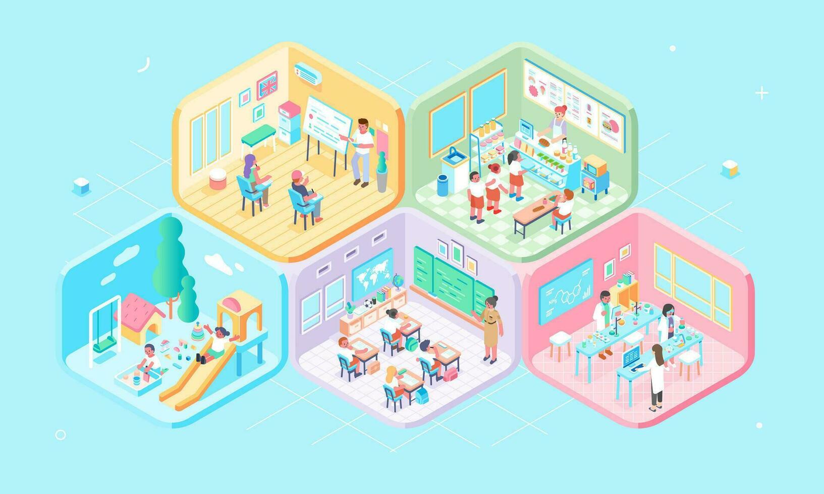 Isometric cells educational activity classrooms, kindergartens, elementary schools, lectures, canteens and laboratories. pastel color palette vector