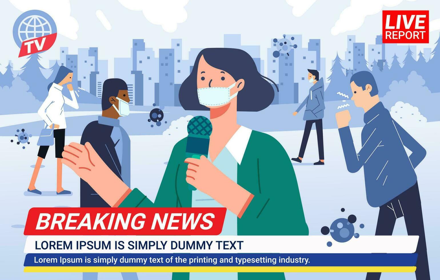News anchors with medical mask reporting spread pandemic in city town presenters on breaking news vector