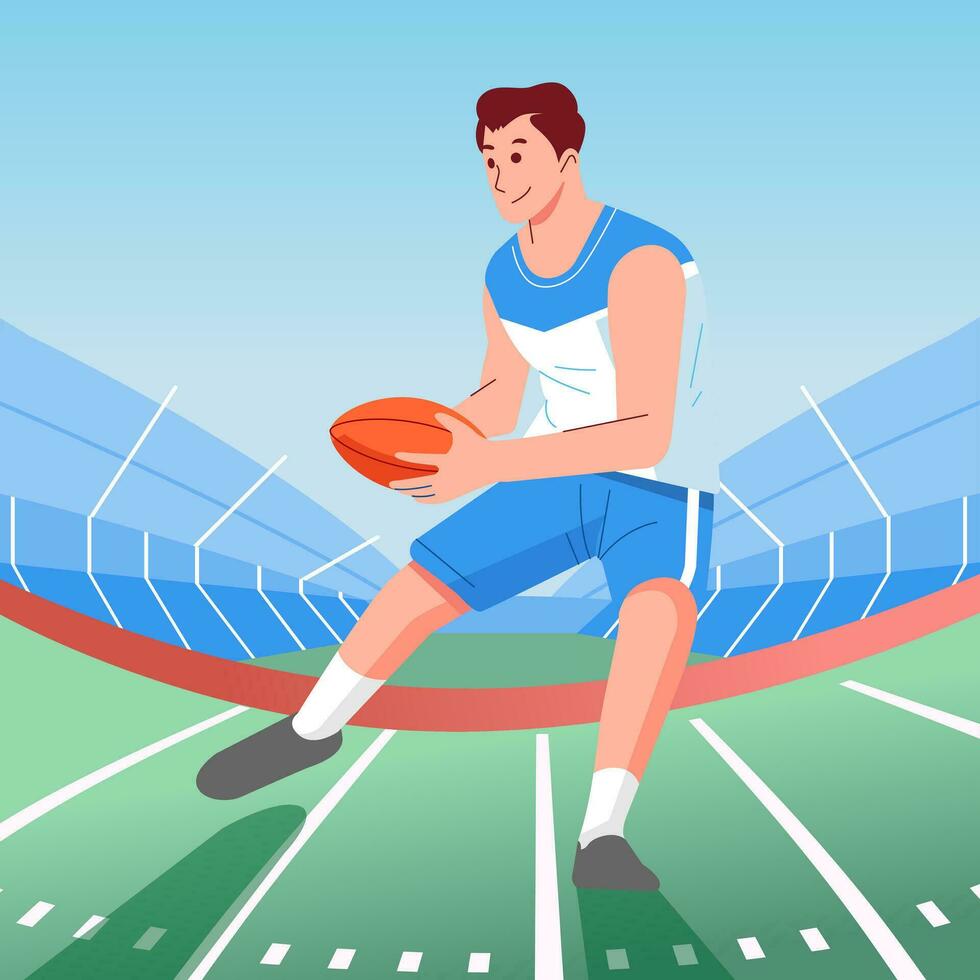 A Rugby player catch the ball on stadium. Rugby player in action. Flat vector illustration