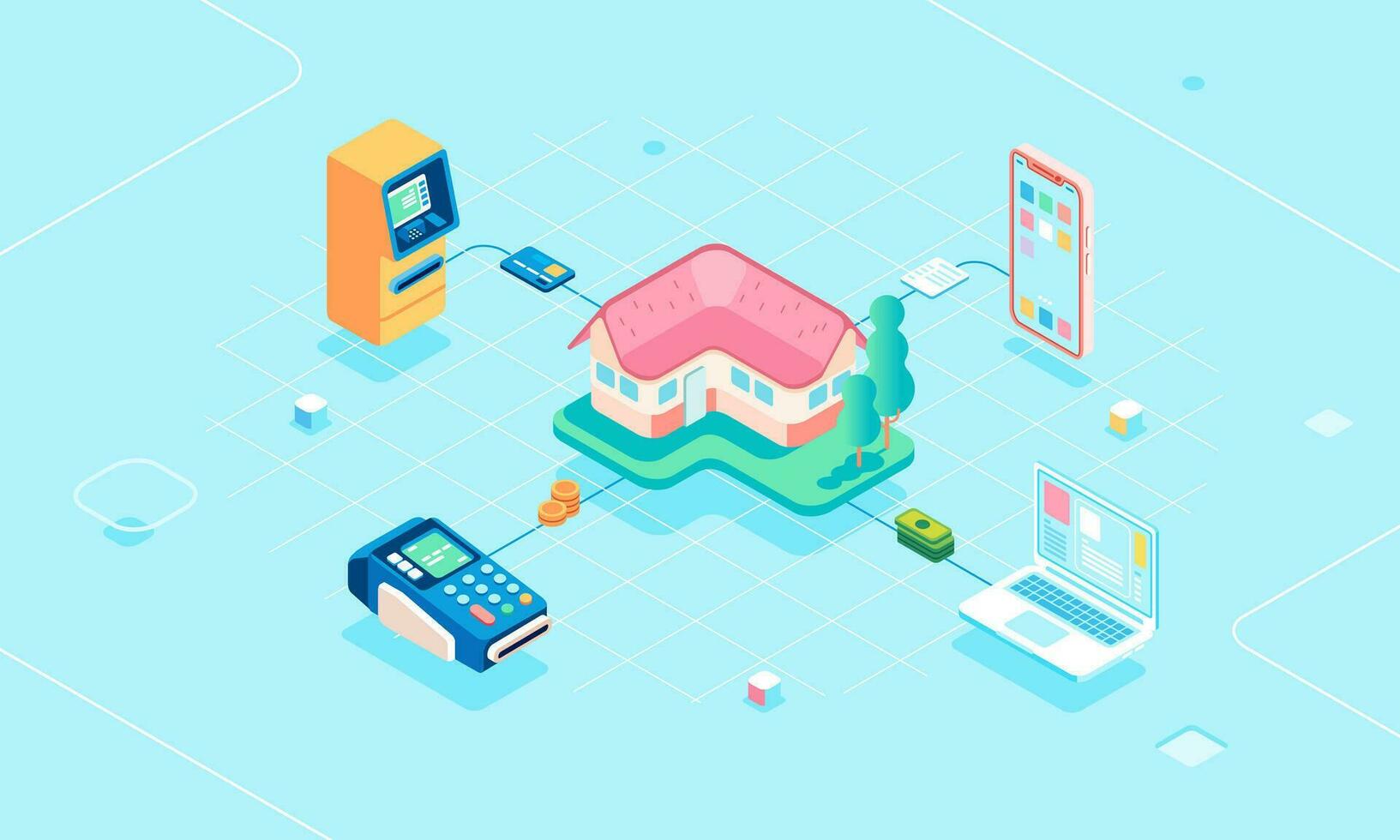 Isometric of online paying for education banking payment billing cash management concept, atm, edc, mobile, laptop vector