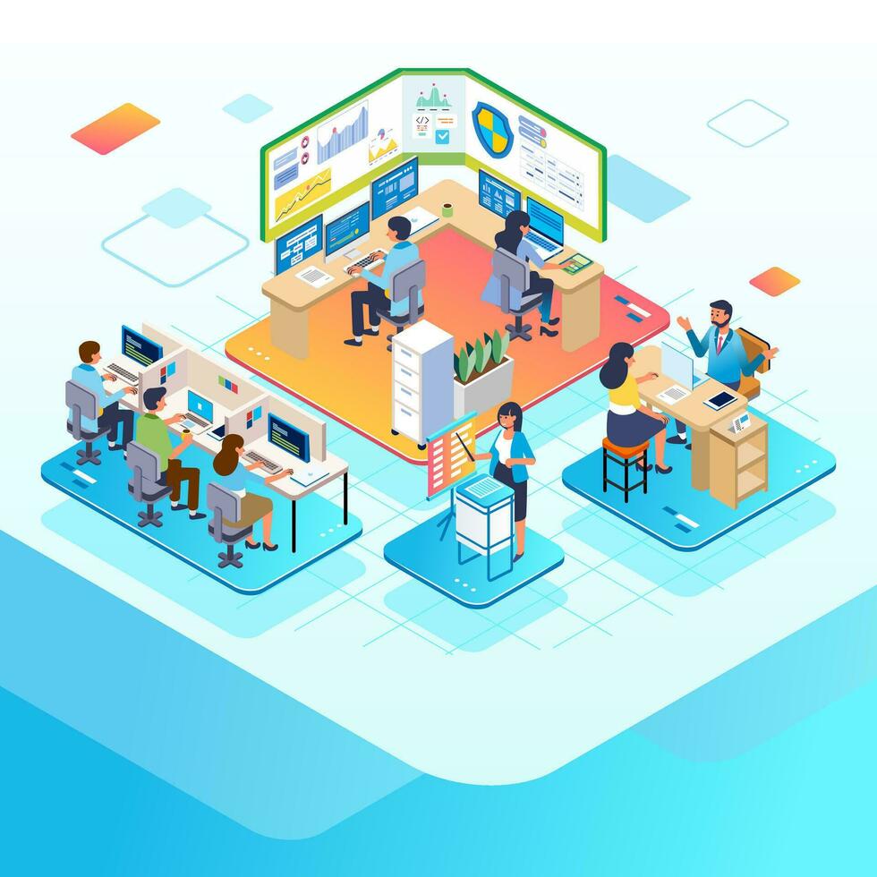 Isometric illustration of Office Activity, people working on big screen, laptop and computer, giving service to customer and preentation vector