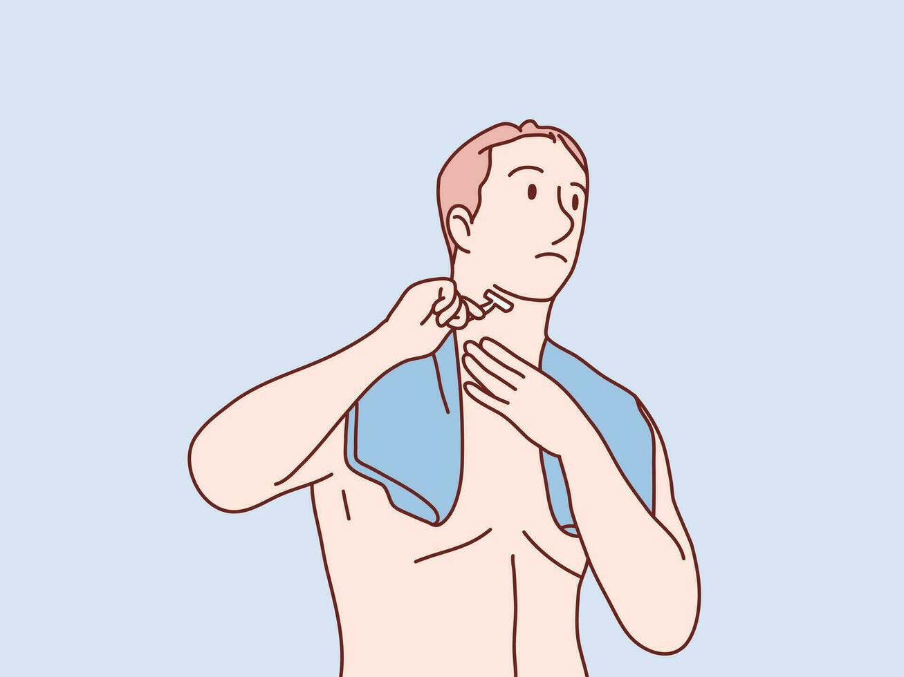 Man shaving his face and  with a towel on his shoulders simple korean style illustration vector