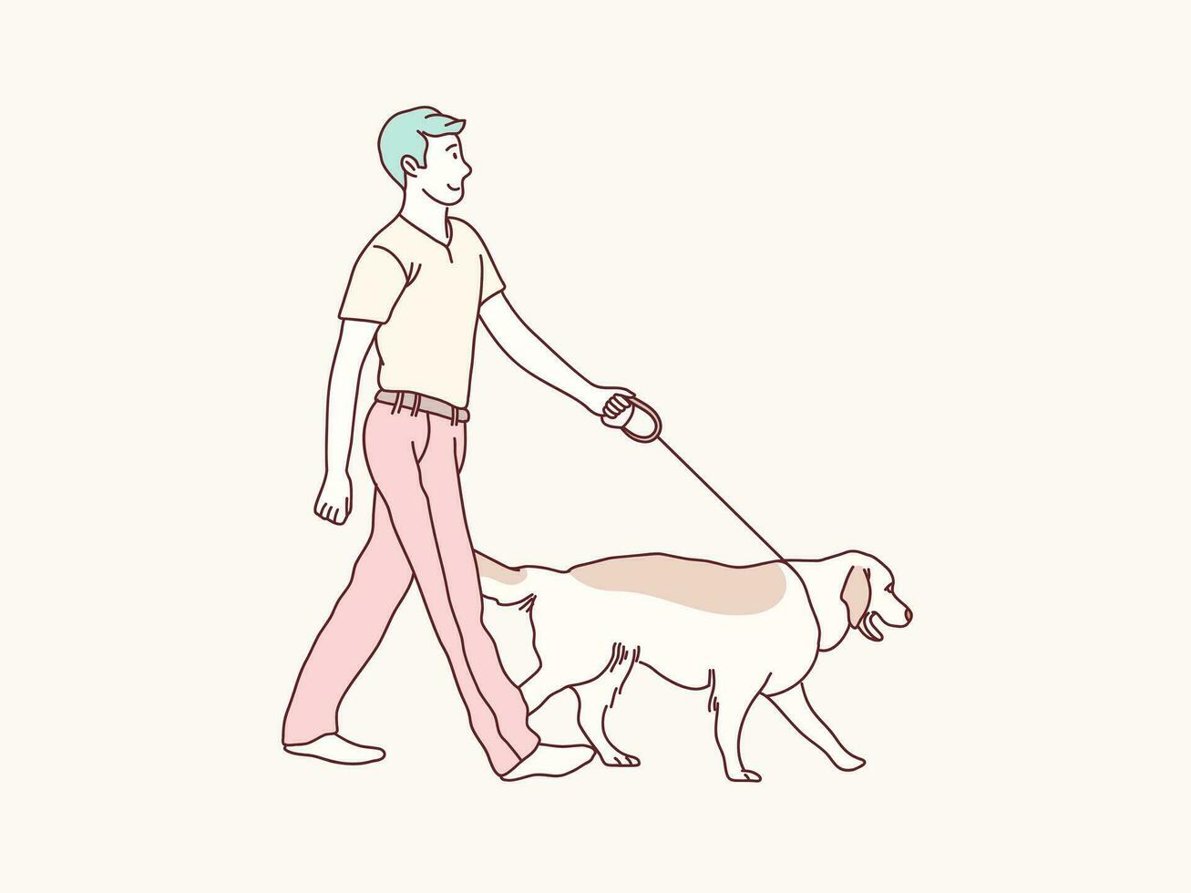 Happy young man walking their dog simple korean style illustration vector
