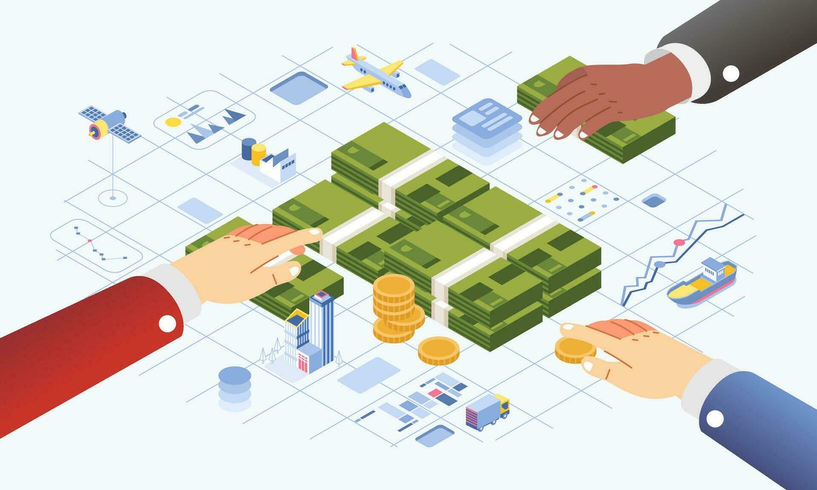 investment fund for economic development illustrated with hand holding money, building , airplane, chart in info graphic vector