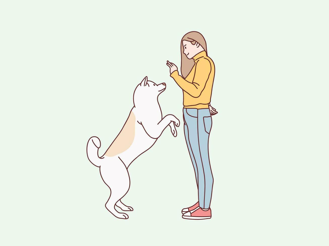 Woman stand training dog pet friendship simple korean style illustration vector