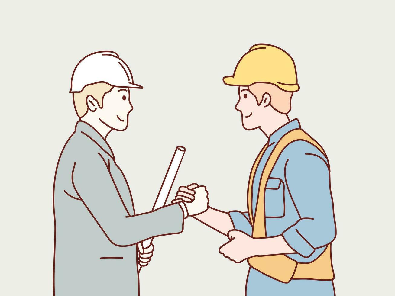 Construction workers and businessman teamwork shake hands cooperate simple korean style illustration vector