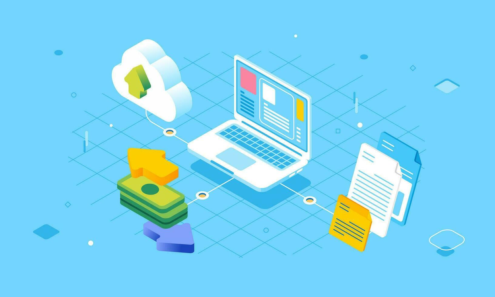 Isometric online network transfer payment, document, cloud computing concept flat 3D vector