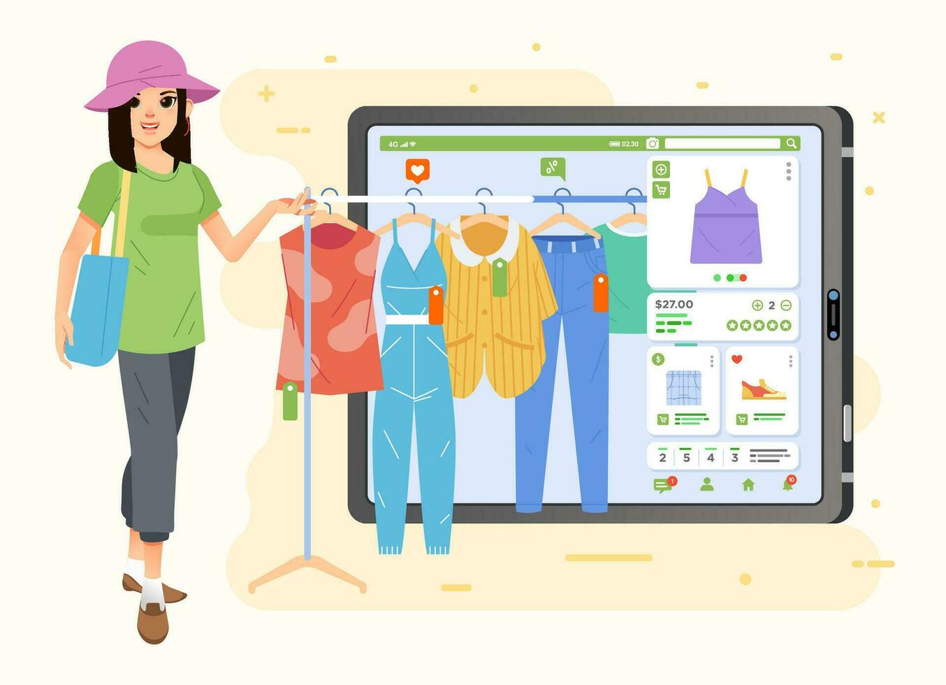 a woman is shopping for clothes online using tablet, she choosing clothes she want in the shopping app vector illustration