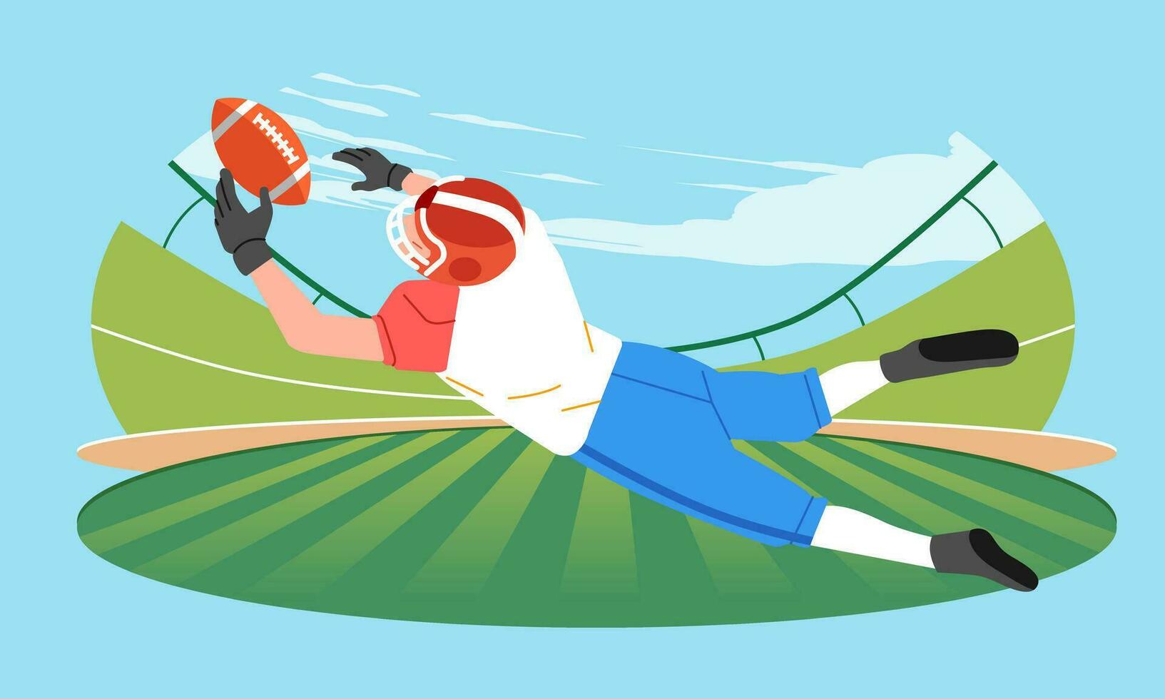 American football Player catches the ball and flies in the air on field Back view vector