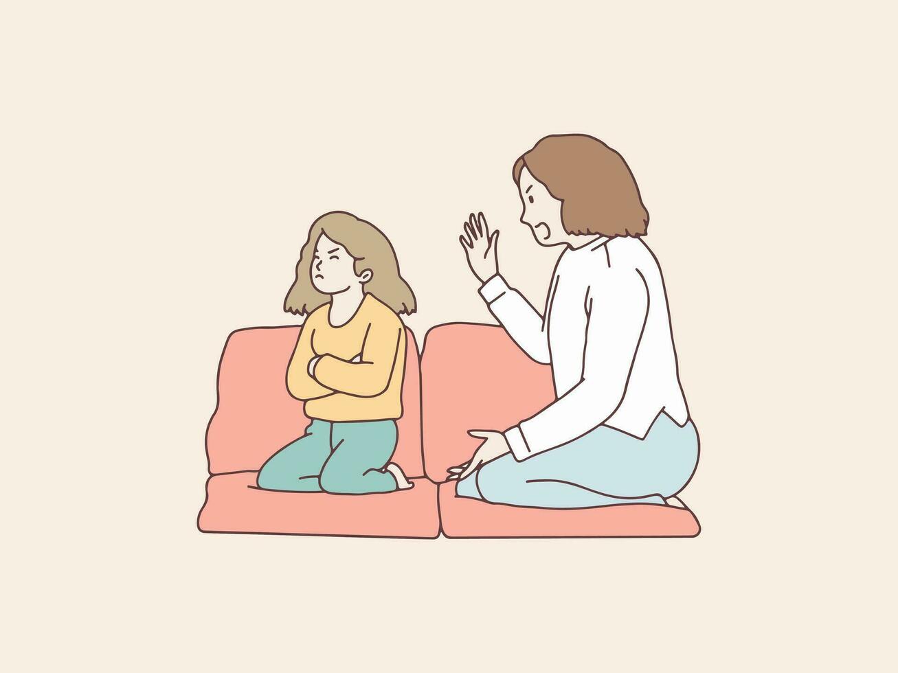 Cranky daughter being scolded by mother simple korean style illustration vector