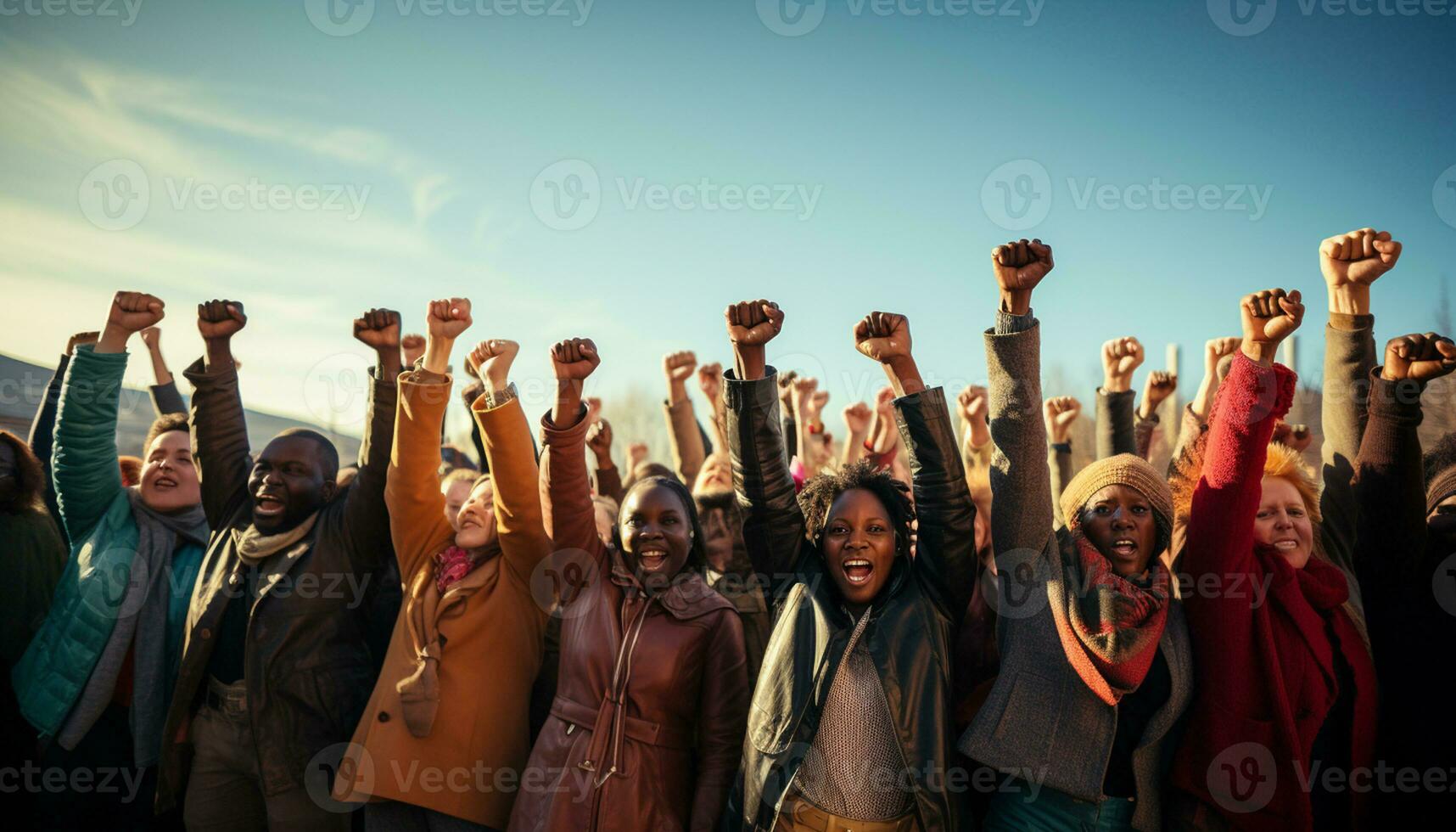 The raised fist is a universal symbol of human power, freedom, and revolution, representing the strength and fight of people united in their struggle for justice. generative ai. photo