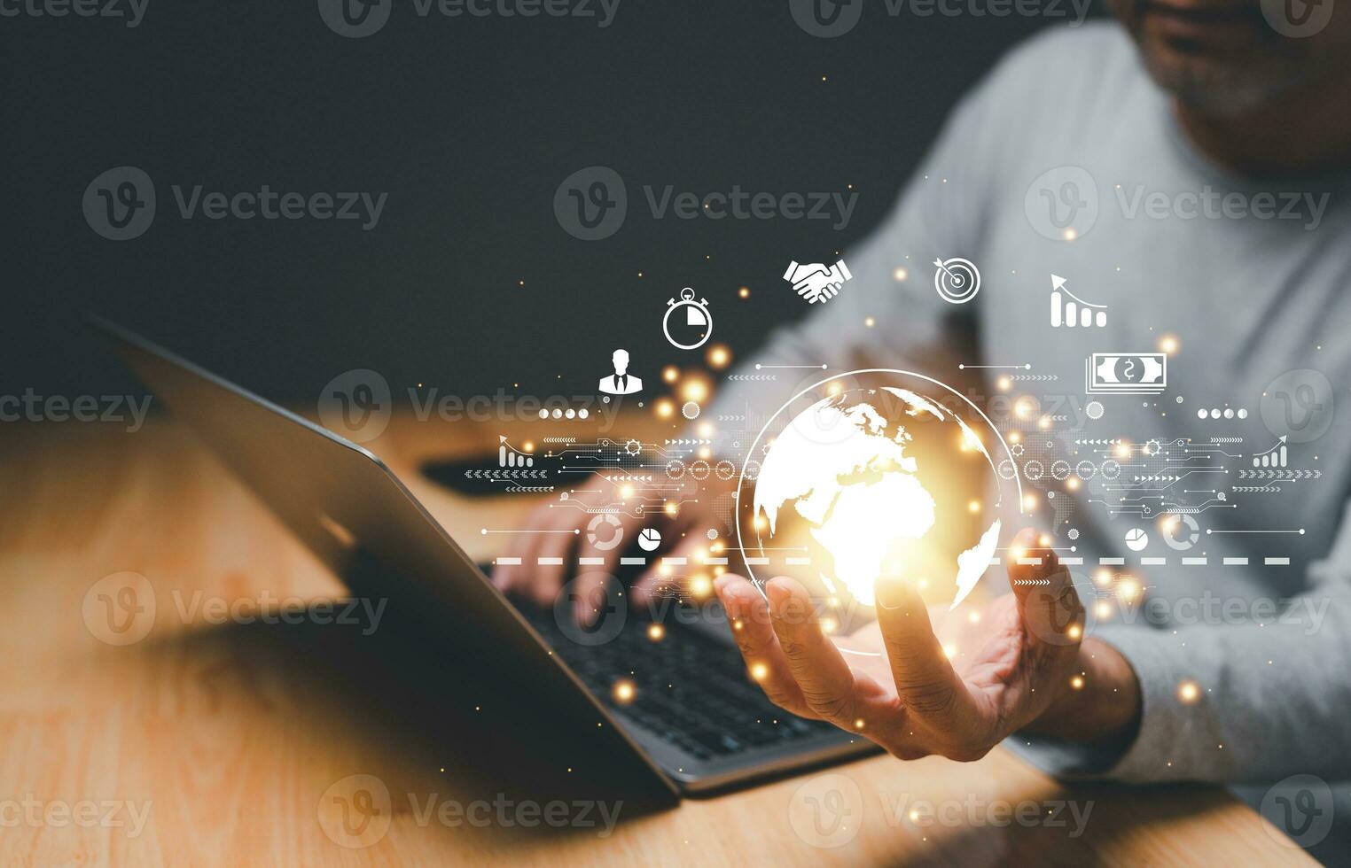 businessman Hand holding world digital Global Internet connection. Business global internet connection application IoT technology digital, marketing, financial, banking, Digital link tech, big data photo