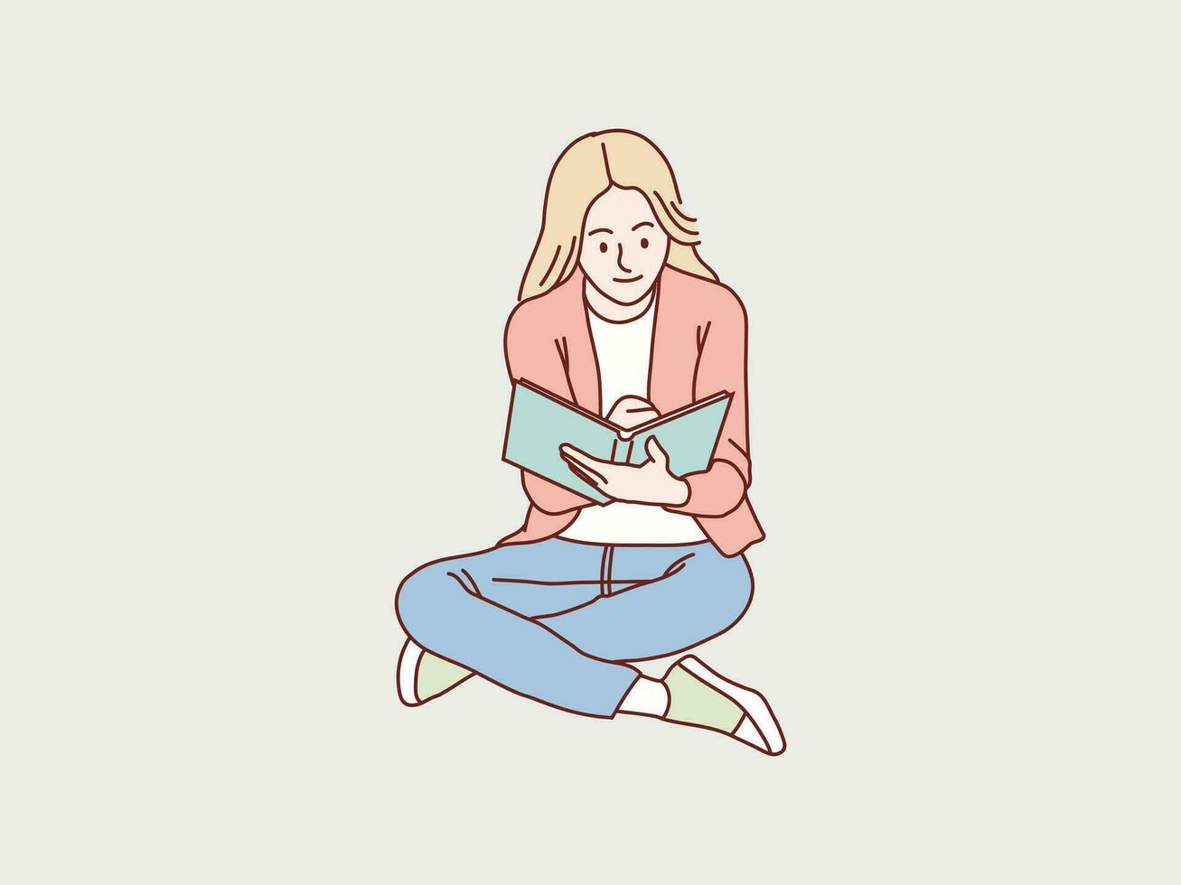 girl sitting on floor with legs crossed reading book simple korean style illustration vector