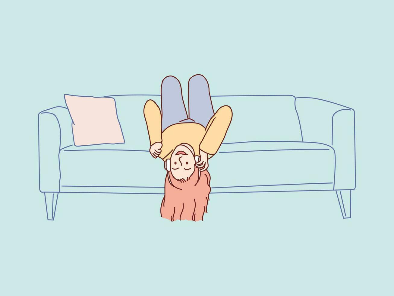 mujer disfrutando música con auriculares sentado al revés abajo en sofá sencillo coreano estilo ilustración vector
