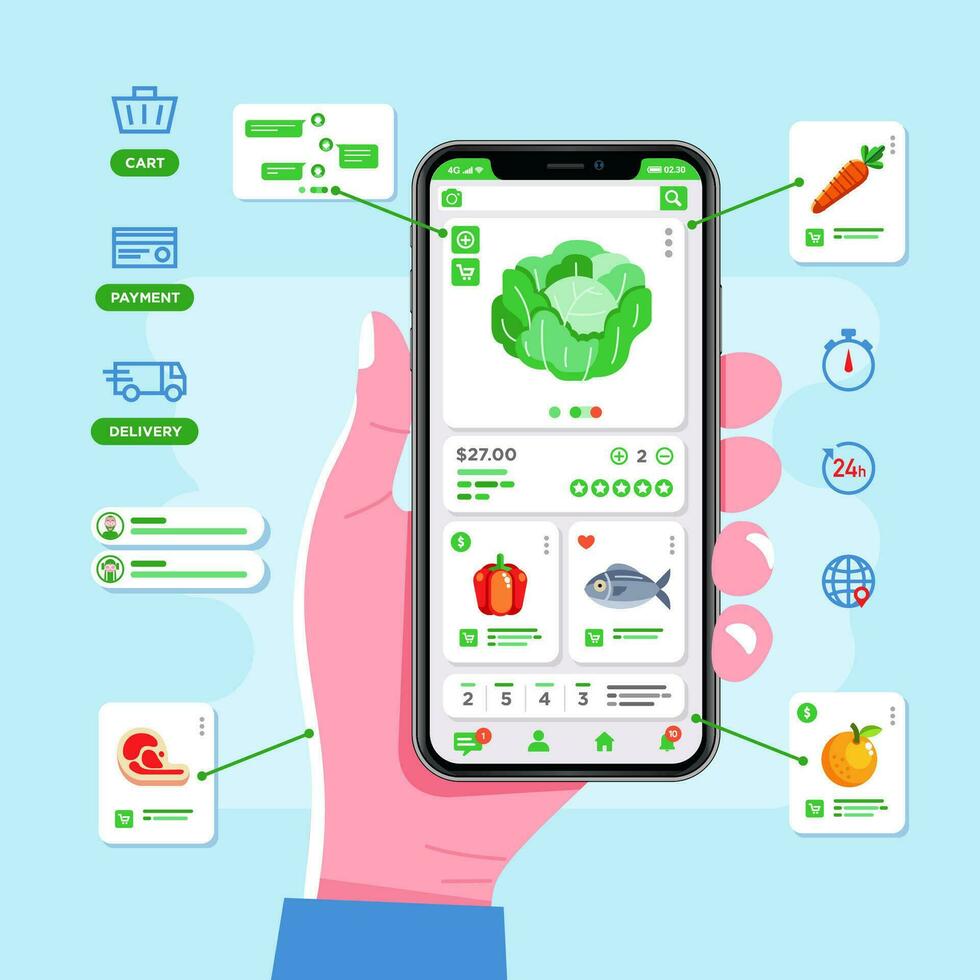 groceries shopping app on mobile phone, groceries online shopping from home delivery from supermarket vector