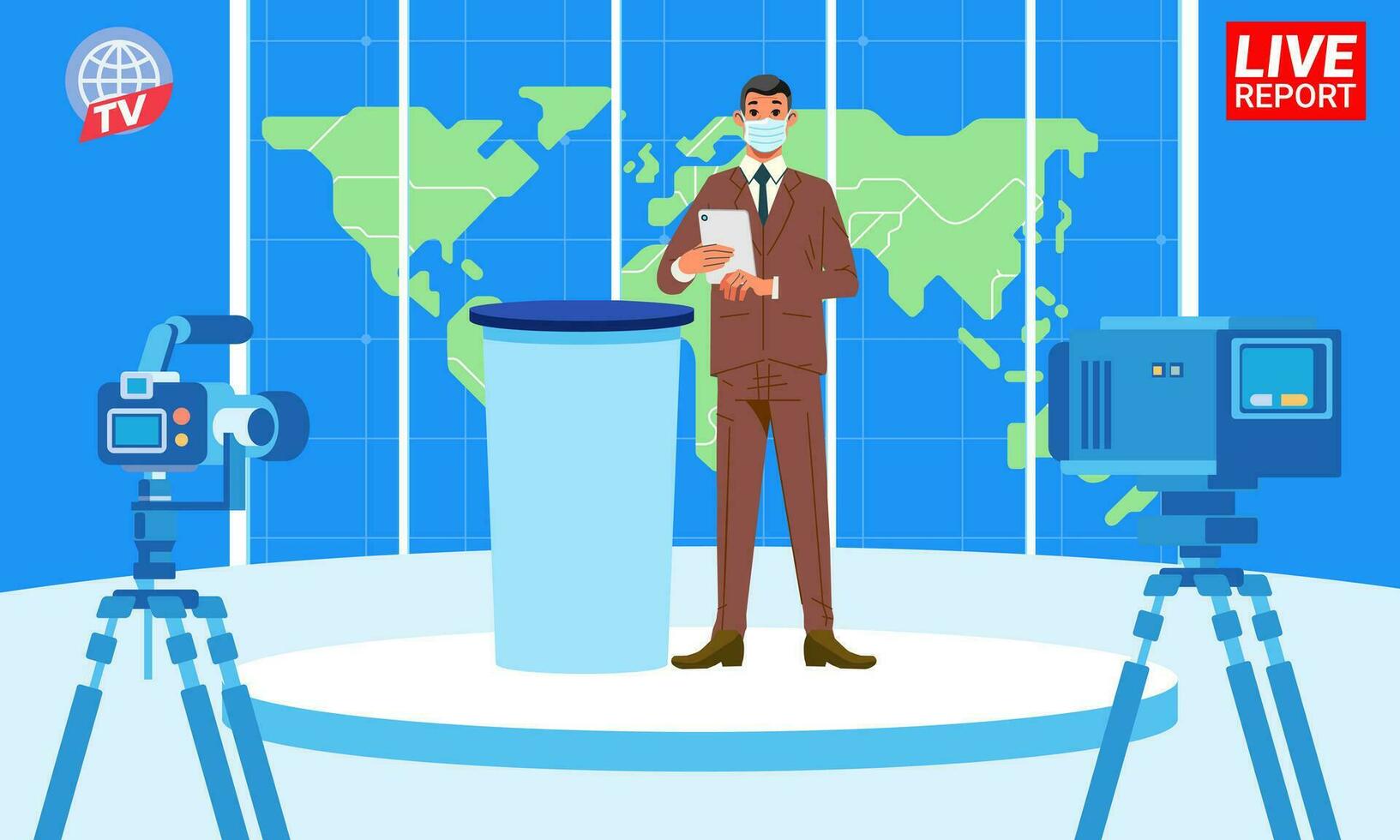 News anchors with medical mask reporting in TV studio presenters on table on pedestal with world map background vector