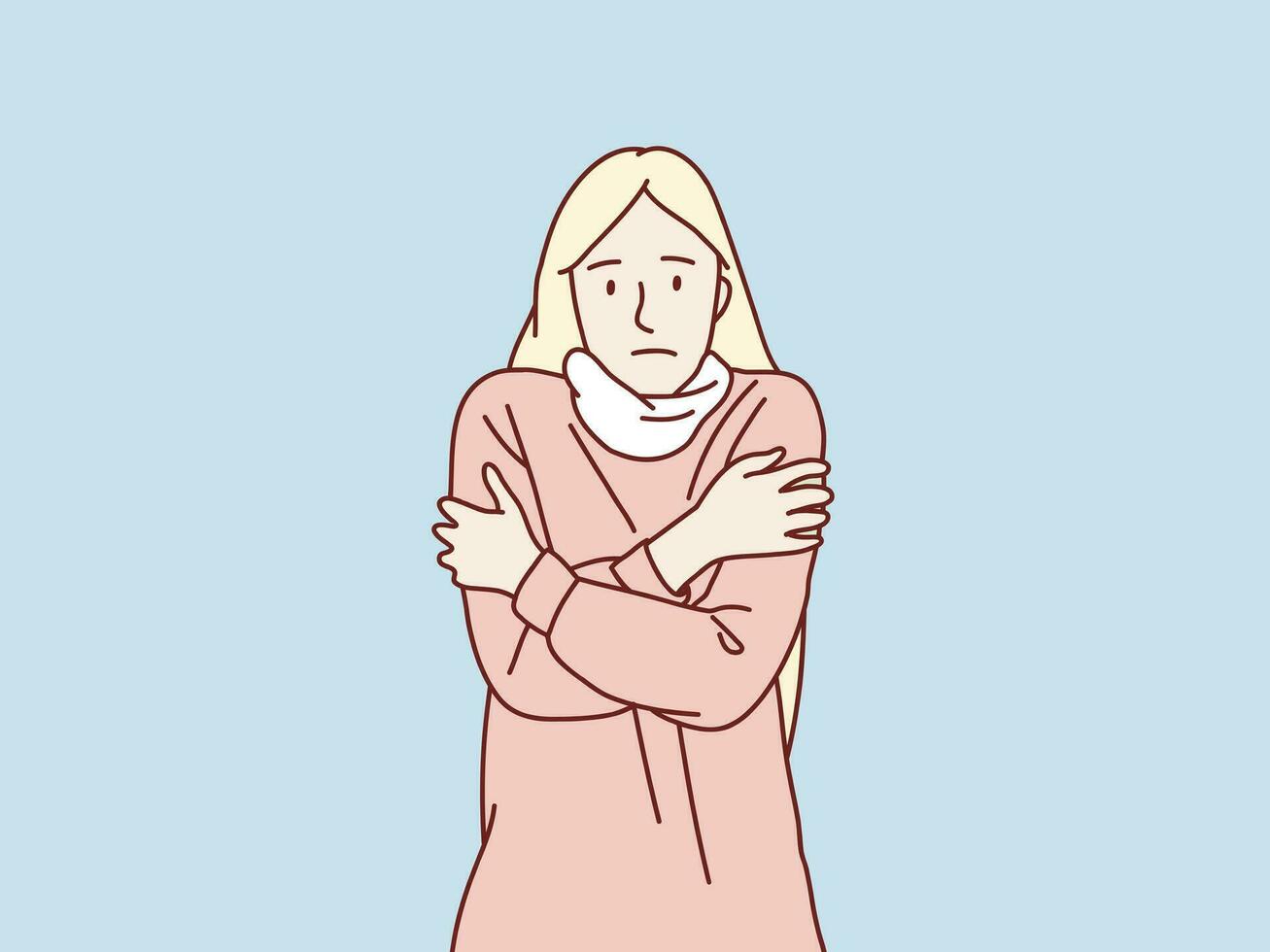 joven niña en suéter y bufanda temblando desde frío sensación enfermo sencillo coreano estilo ilustración vector
