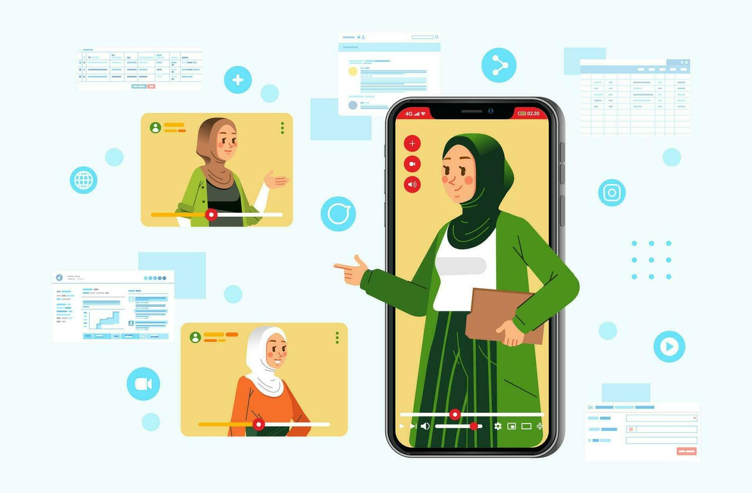 joven hijab mujer haciendo en línea presentación mediante el video, gráfico y gráfico como antecedentes vector