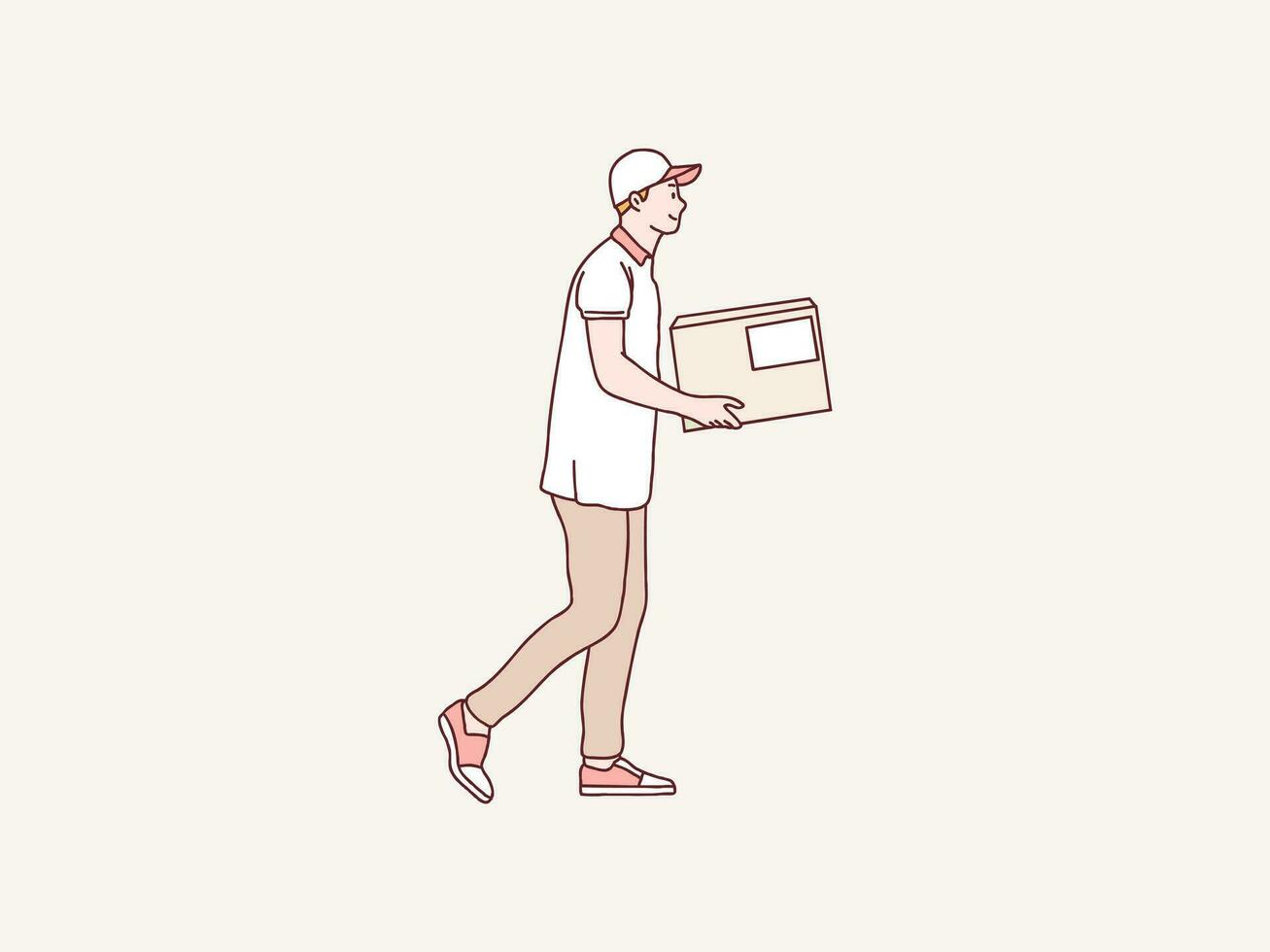 smiling delivery courier walking holding package parcel box shipping service simple korean style illustration vector