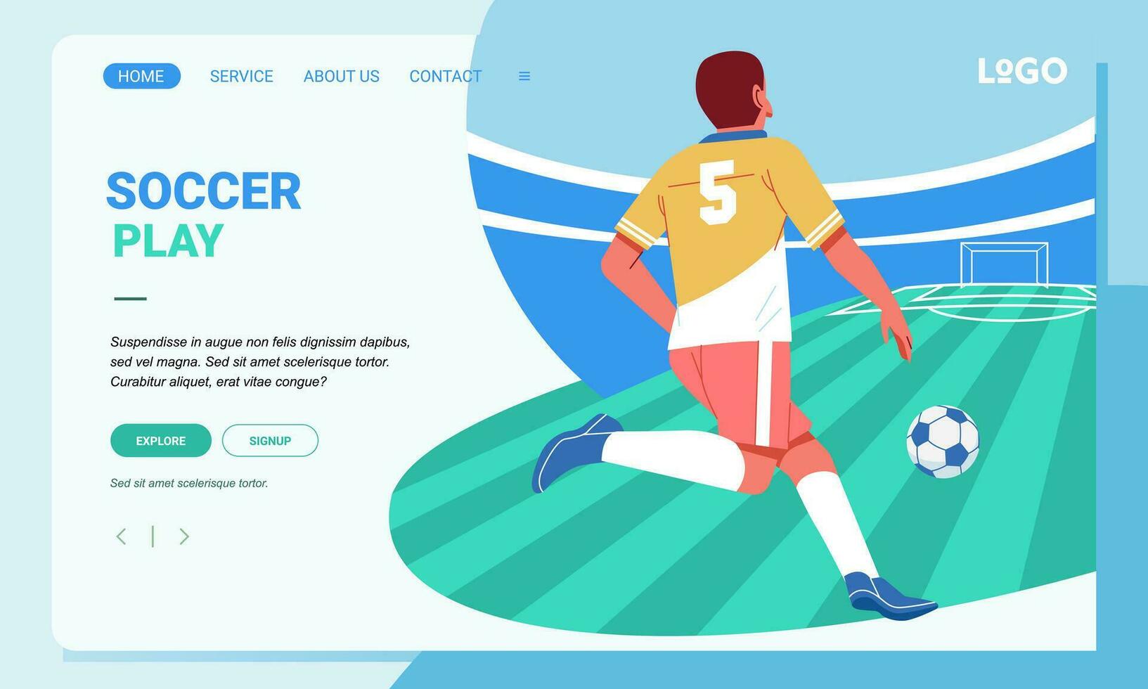 Illustration Soccer player character on stadium sport Landing Page Design for web page and app concept vector