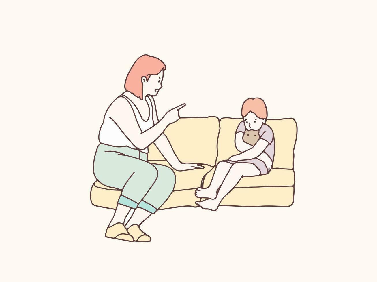 Daughter hugging doll being scolded by mother in living room korean style illustration vector