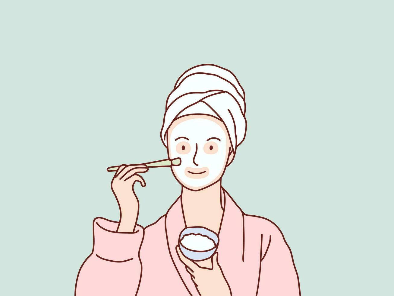 mujer aplicando facial máscara crema en cara sencillo con cepillo coreano estilo ilustración vector
