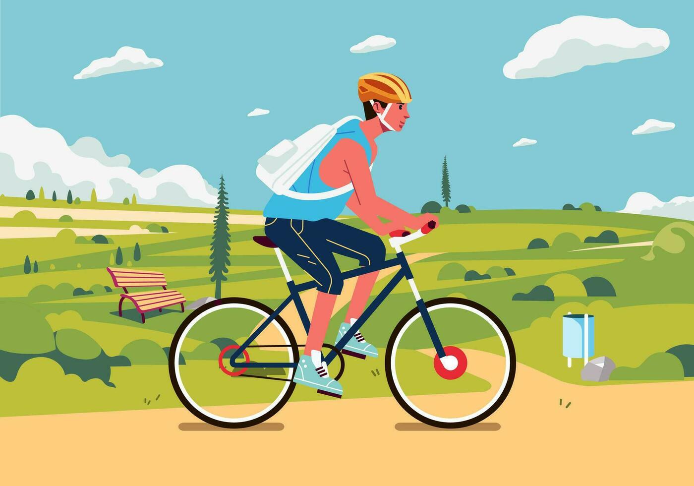 joven hombre ciclismo en el suburbano con hermosa verde paisaje en el antecedentes vector