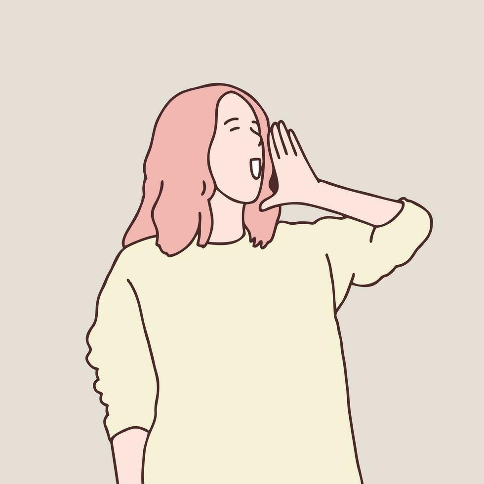 Girl shouting and screaming loud to side with hand on mouth simple korean style illustration vector