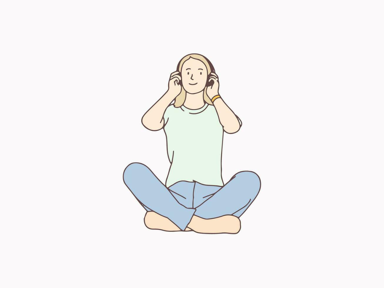 Relax cross legged woman hearing music from headphones simple korean style illustration vector